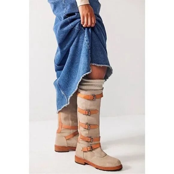 Free People Tristie Buckle Straps Knee High Boots Suede Lug - Picture 2 of 4